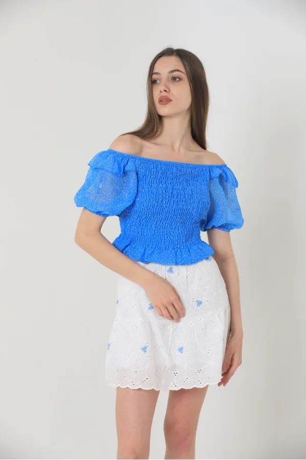 Jupe courte brodée de fleurs bleue, au-dessus du genou (vente en gros) | TOPSHOW