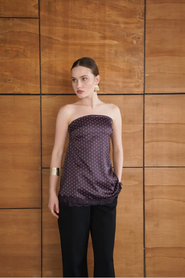 Bustier en satin à pois et détails en dentelle - Café | D2963 - Topshow