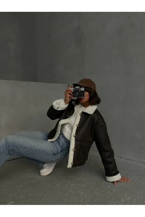 Manteau à col en fourrure nubuck en gros - Crème kaki | TOPSHOW | F1553