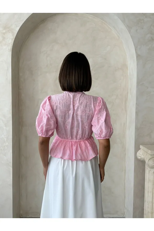 Önden Bağlamalı Nakışlı Vual Bluz - Pembe Topshow