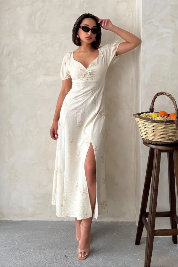 Nakışlı Keten Toptan Elbise - Taş | Topshow