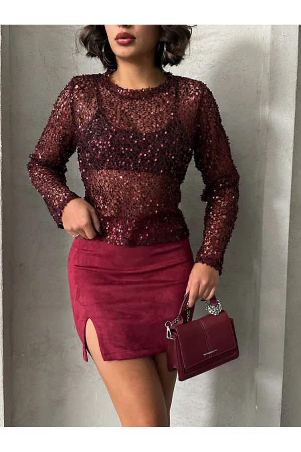 Topshow Bordo Suet Yırtmaclı Toptan Etek | F1573