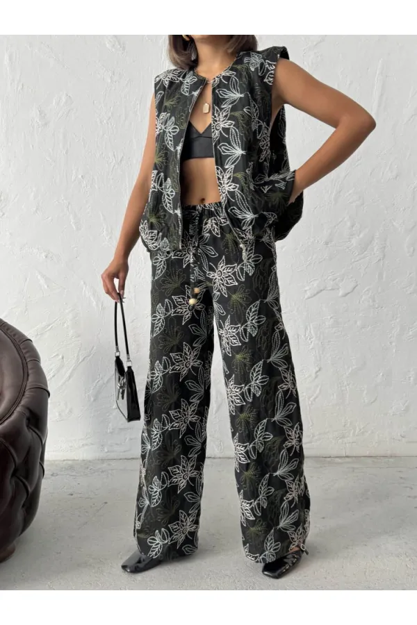 Topshow Nakışlı Keten Pantolon - Siyah | F2008