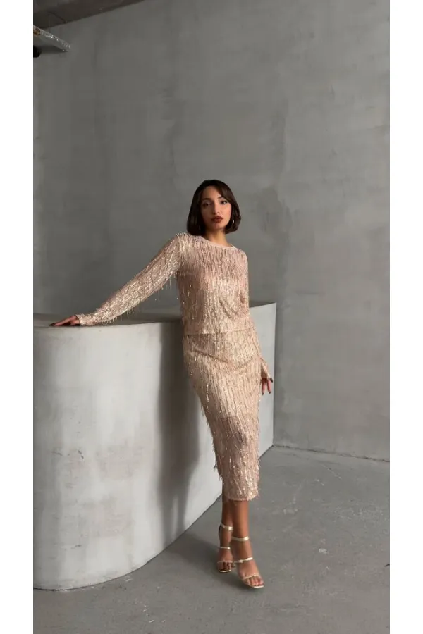 Tüy Pullu Toptan Etek - Taş Gold | TOPSHOW | F1621