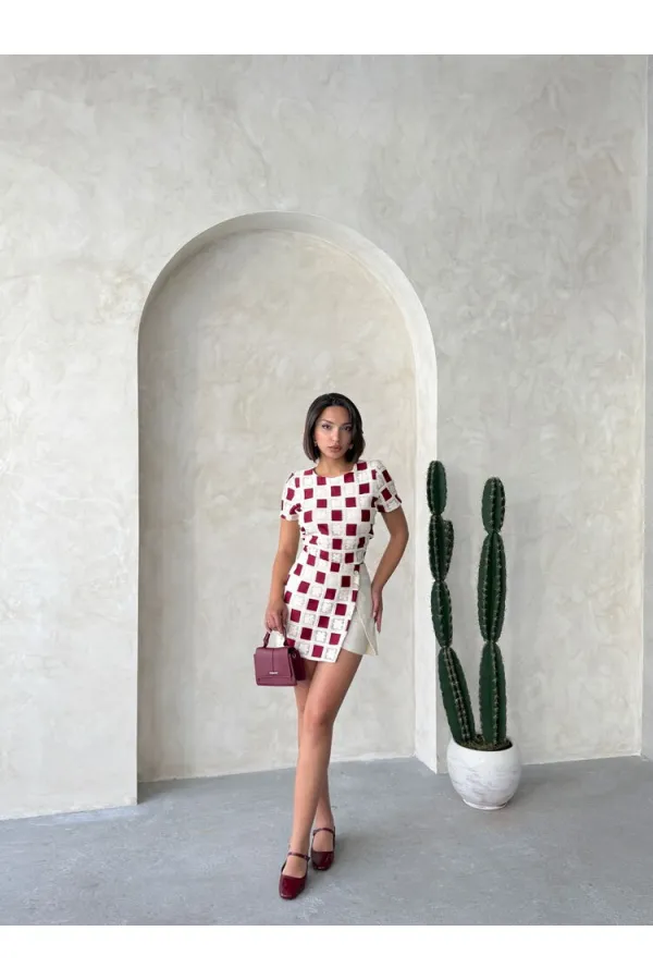 Kısa Kollu Dama Desen Tiğişi Bluz - Ham Bordo | Topshow