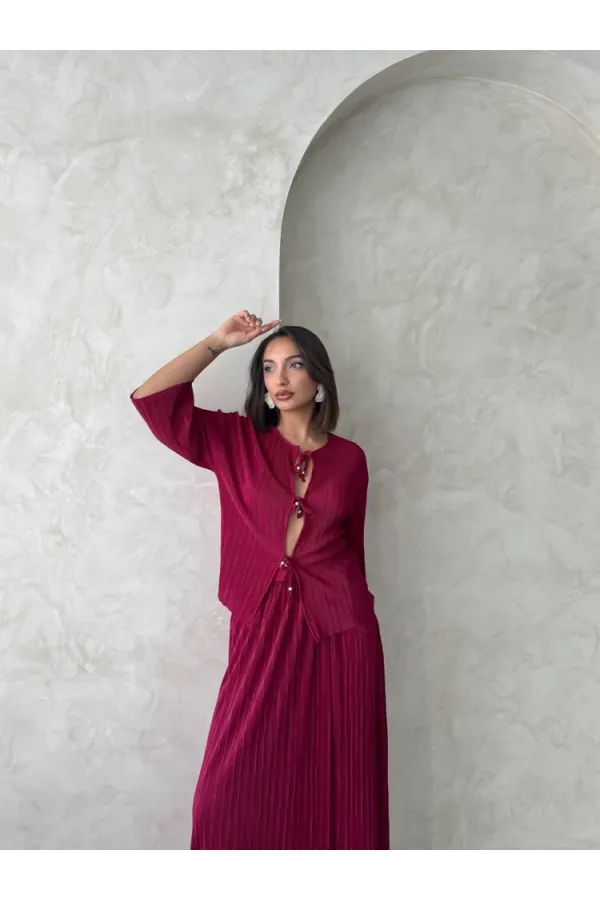 Tie Front Pleated Shirt - Claret Red | Topshow | F1739