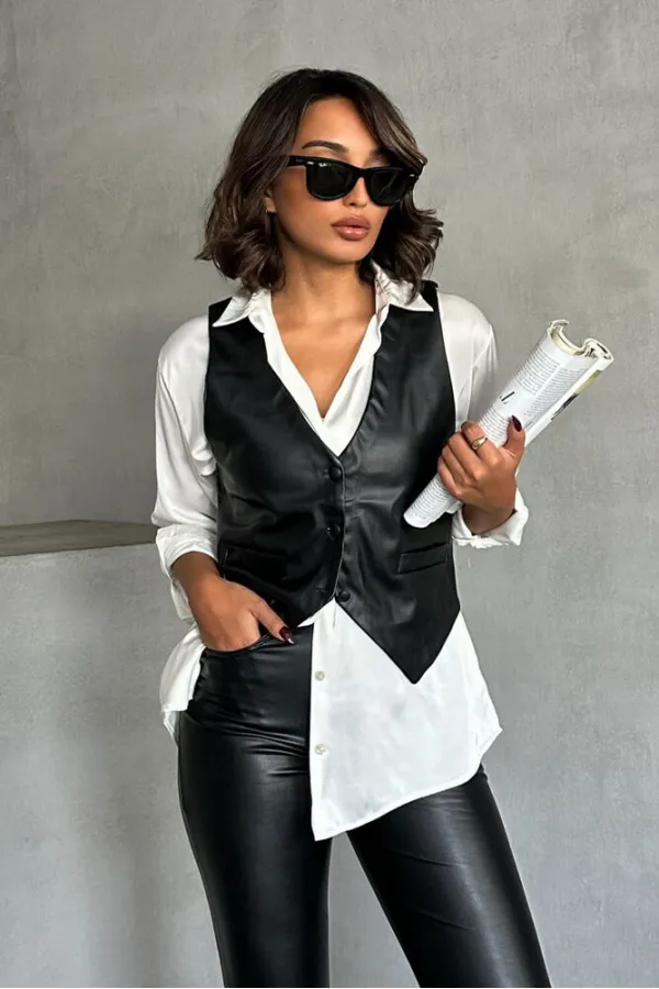 Gilet en cuir boutonné en gros - Noir | TOPSHOW | F1503