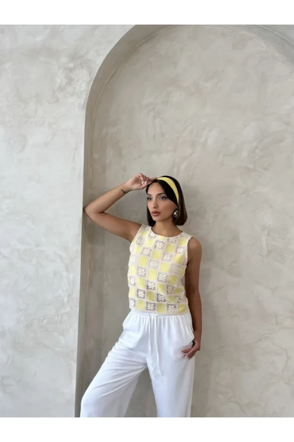 Kolsuz Dama Desen Tığ İşi Toptan Bluz - Sarı | Topshow