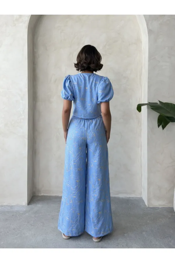 Embroidered Front Tie Wholesale Blouse - Light Blue | Topshow