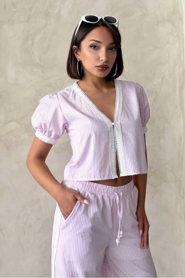 Guipure Detailed Striped Blouse - Pink | topshow