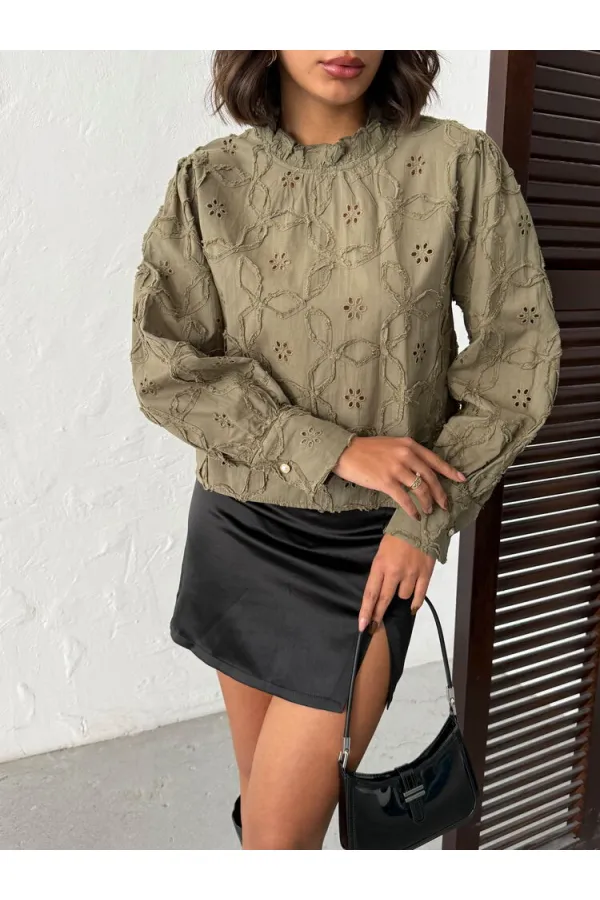 Topshow - Chemisier brodé à manches longues pour femme - Vente en gros - Élégant et moderne - Kaki