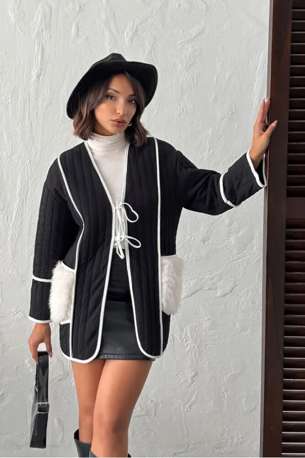 Topshow - Toptan Peluş Cep Detaylı Kapitone Ceket - Siyah