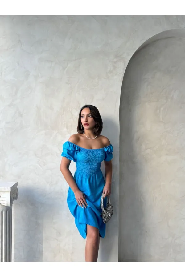 Gipeli Kayık Yaka Keten Elbise - Koyu Mavi | Topshow