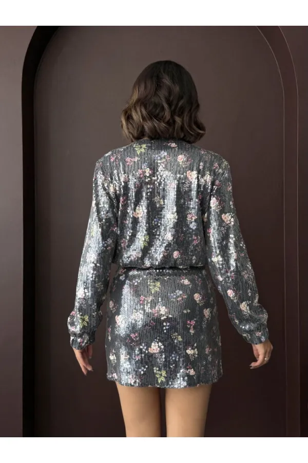 Topshow - Manteau zippé à sequins imprimés floraux en gros - Sequins à motif floral