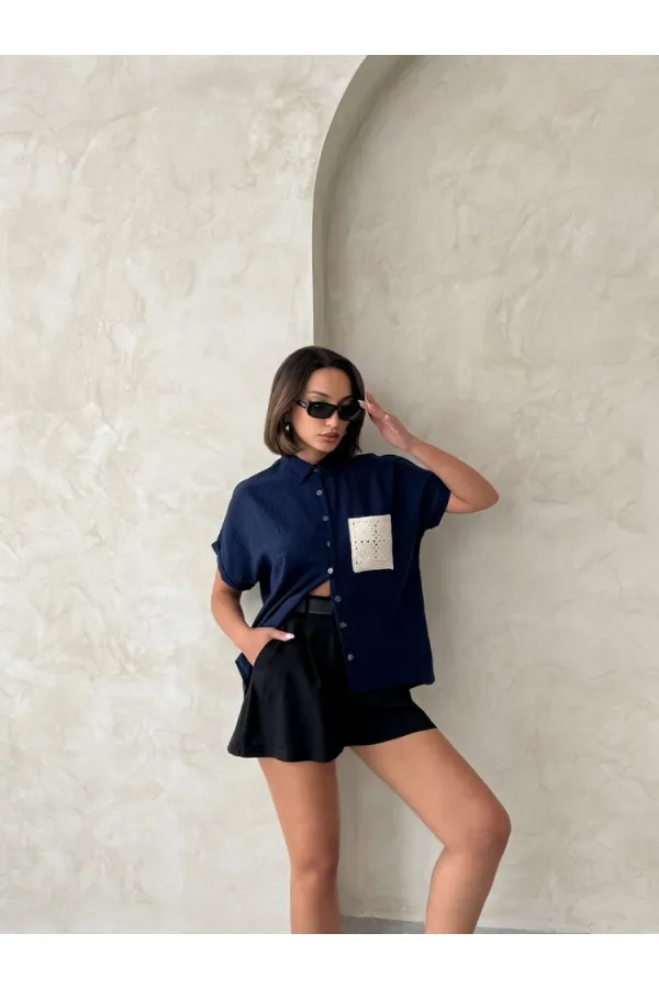 Topshow Lacivert Keten Ham Cep Aplik Cepli Keten Toptan Gömlek