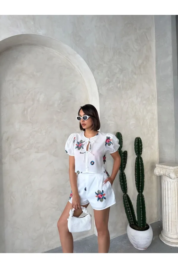 Nakışlı Vual Şort - Krem - D2882 | Topshow