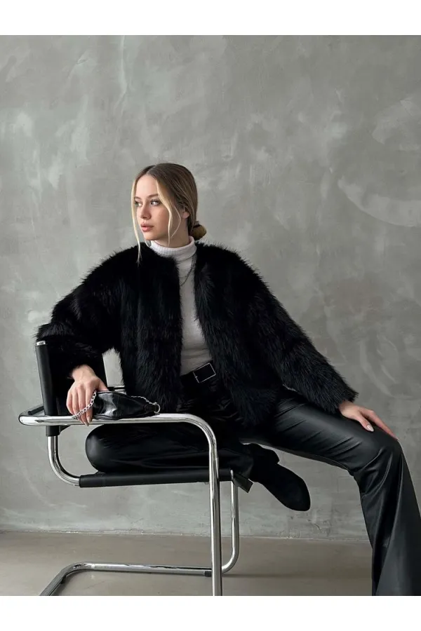 Topshow Siyah Suni Kürk Toptan Ceket | F1615