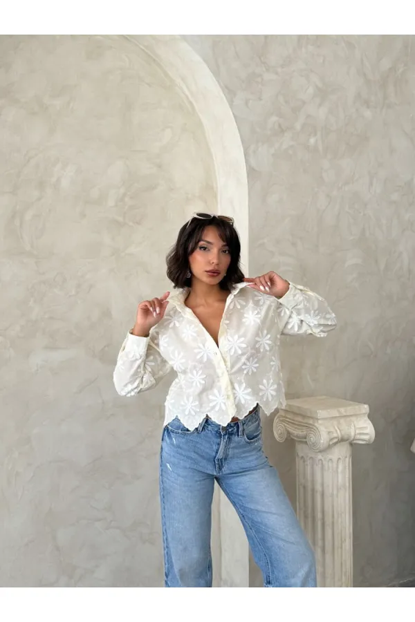 Nakışlı Gömlek - Krem  - | F1932