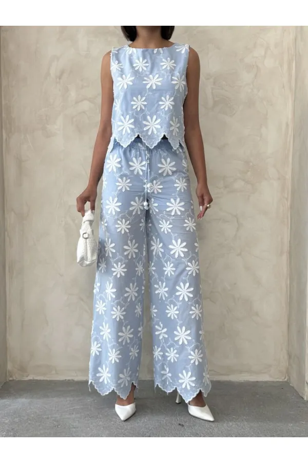 Nakışlı Toptan Pantolon - Mavi | Topshow