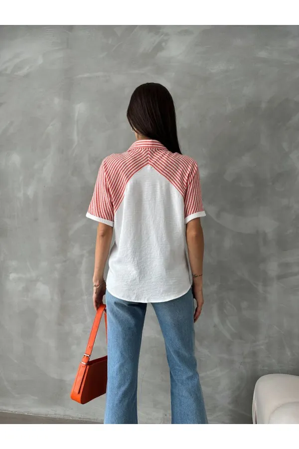 Topshow Orange Stripe Detailed Low Sleeve Wholesale Shirt