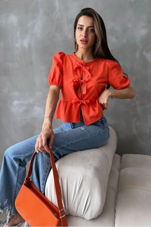 Topshow Orange Front Tie Poplin Wholesale Blouse