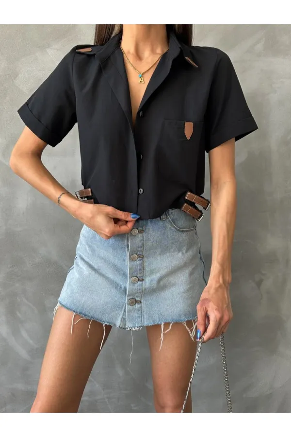 Topshow Siyah Kemer Detaylı Toptan Gömlek