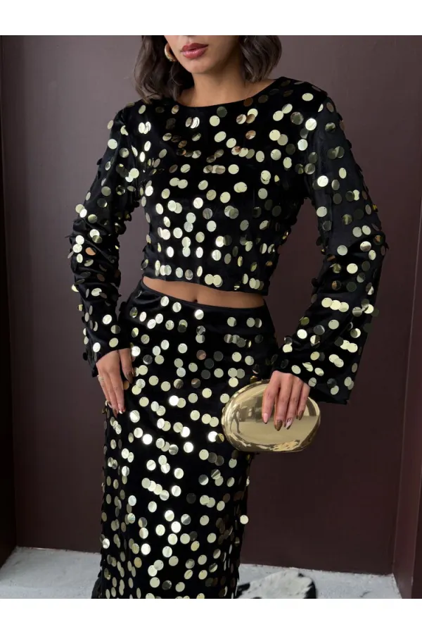 Topshow - Toptan Pullu Kadife Bluz - Siyah Gold