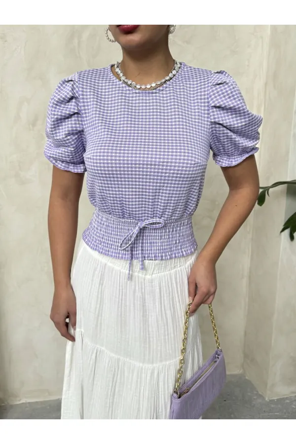 Topshow Lila Beli Gipeli Pitikareli Toptan Bluz