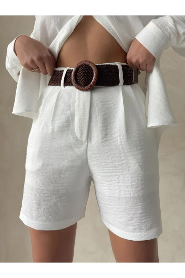 TOPSHOW Krem Kemerli Toptan Şort