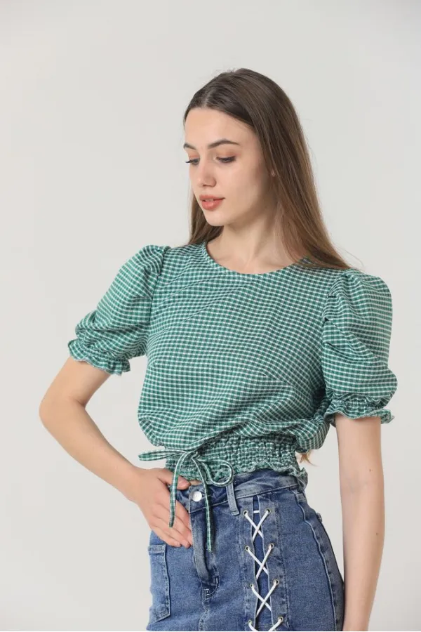 Topshow Zümrüt Beli Gipeli Pitikareli Toptan Bluz