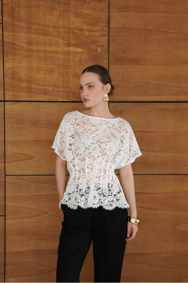 Waistband Embroidered Wholesale Blouse - Cream | D2966 - Topshow