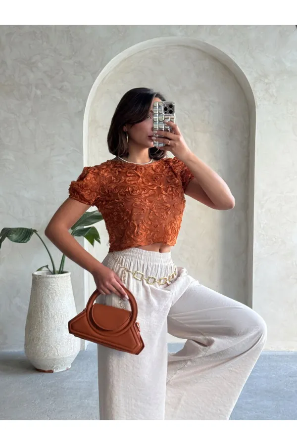 Topshow Kiremit Organze Üstü Süzüneli Toptan Bluz