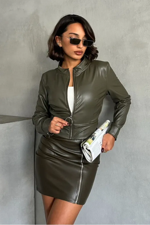 Veste en cuir en gros - Kaki | TOPSHOW | F0443