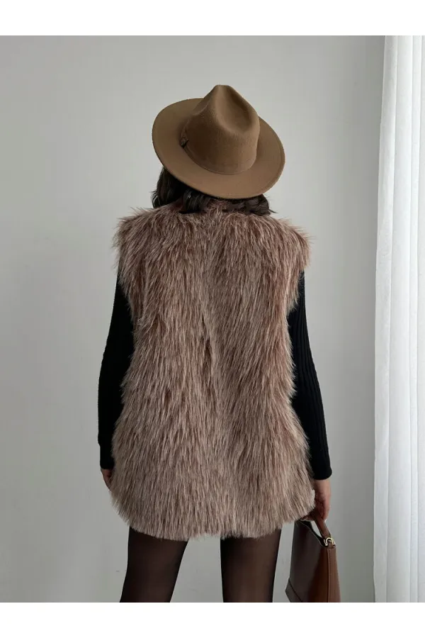 Gilet en fausse fourrure pour femme, vente en gros – Texture douce – MARRON CLAIR