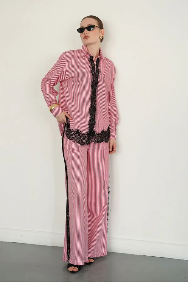 Lace Detail Striped Wholesale Trousers - Burgundy | F2083 - Topshow