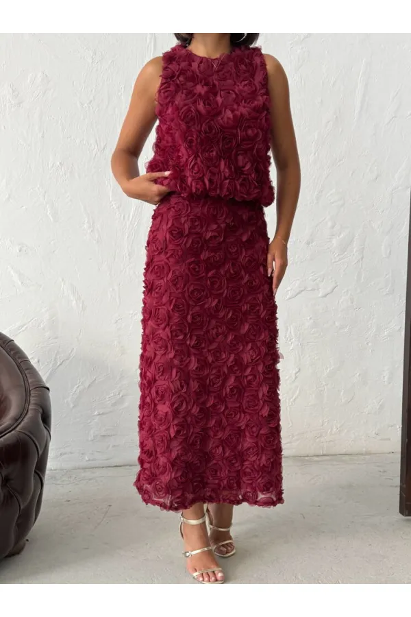 Topshow - Toptan Gül Süzüneli Etek - Bordo