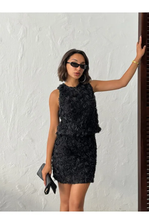 Topshow Siyah Gül Desenli Tül Toptan Etek