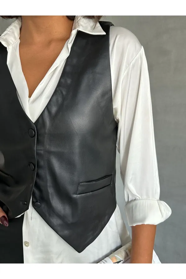 Gilet en cuir boutonné en gros - Noir | TOPSHOW | F1503