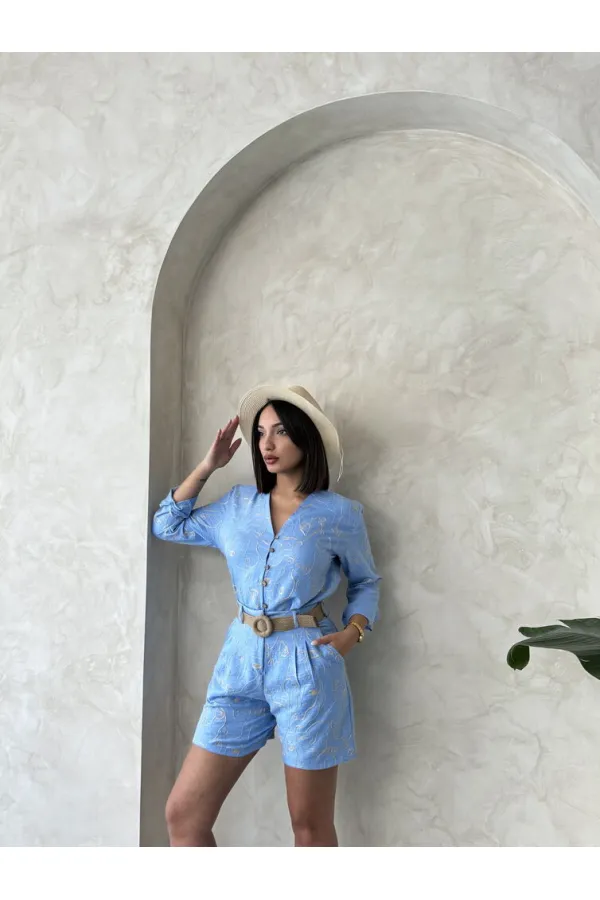 Nakışlı Toptan Şort - Açık Mavi | Topshow