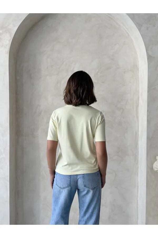 Çiçek Detaylı Tişört - Sarı | Topshow