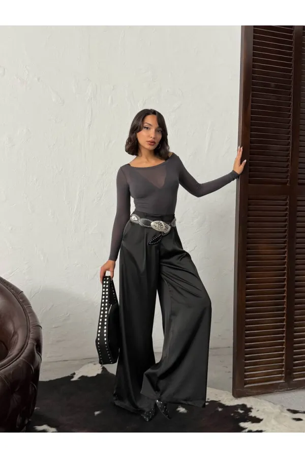 Yüksek Bel Bol Paça Saten Pantolon – Şık Ve Rahat Tasarım - Siyah | F2052