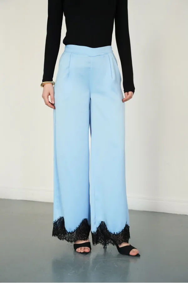 Wholesale Satin Trousers with Lace Hem - Blue | D2969 - Topshow