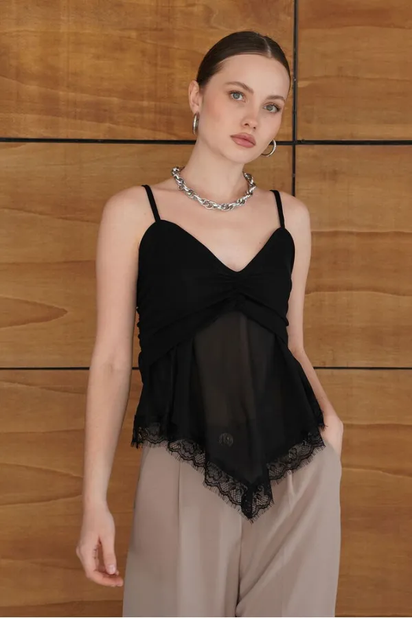 Strappy Lace Detail Tulle Wholesale Blouse - Black | D2979 - Topshow