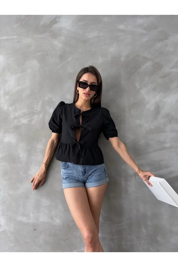 Topshow Siyah Önden Bağlamalı Poplin Toptan Bluz