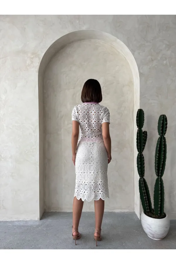 Kot Detaylı Dantel Uzun Etek - Ham Pembe | Topshow