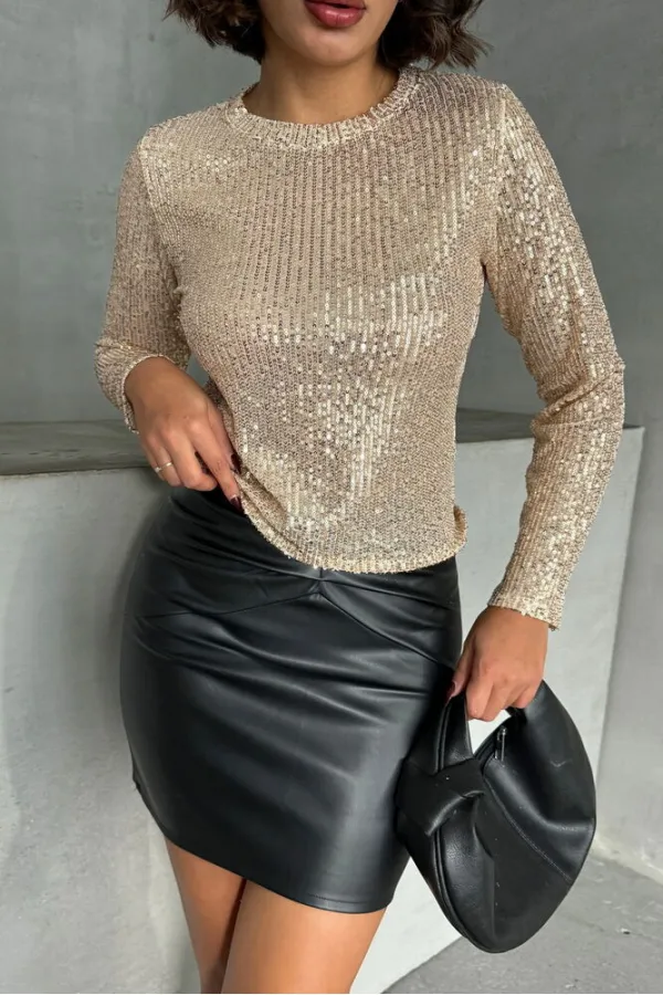 Blouse à sequins en gros - Pierre dorée | TOPSHOW | F1866