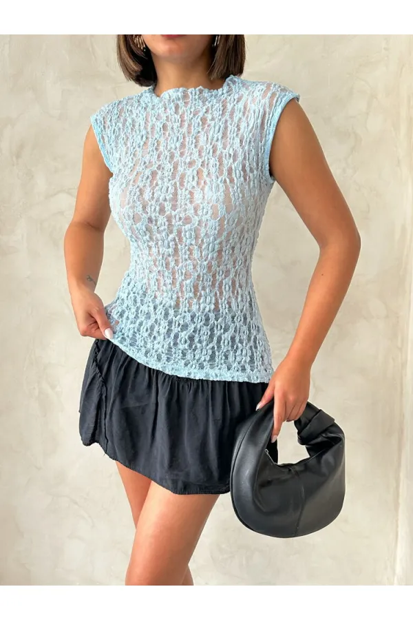 Blouse en dentelle à manches zéro - Bleue (vente en gros) | Topshow