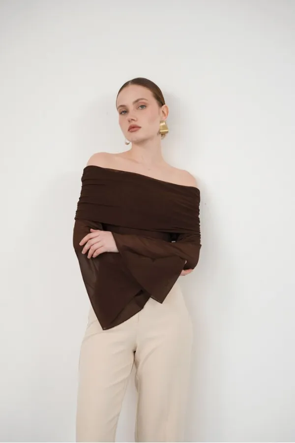 Blouse en tulle à manches longues en gros - Café | D2977 - Topshow