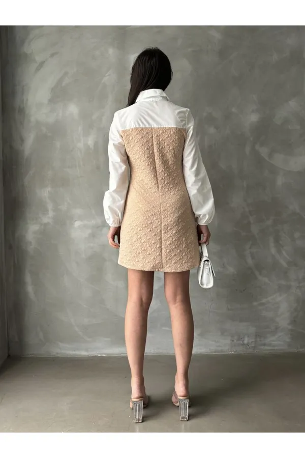 Knee-Length Wholesale Dress with Poplin Sleeves and Chest - Stone | TOPSHOW | F1139