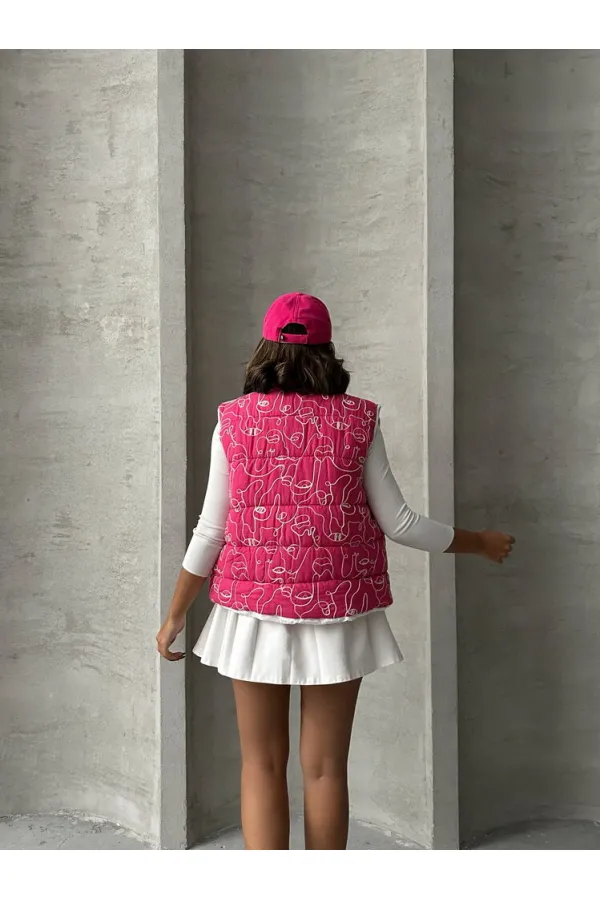 Karışık Baskı Desenli Elyaflı Şişme Toptan Yelek - Fuşya | TOPSHOW | F1749